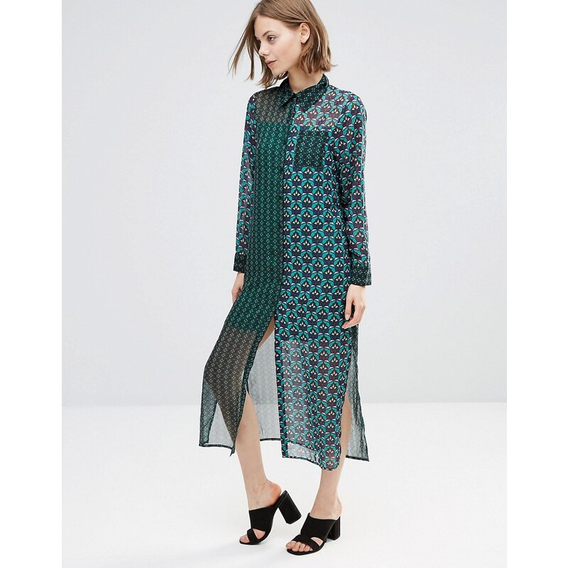 Style London - Robe chemise longue à imprimés variés - Vert
