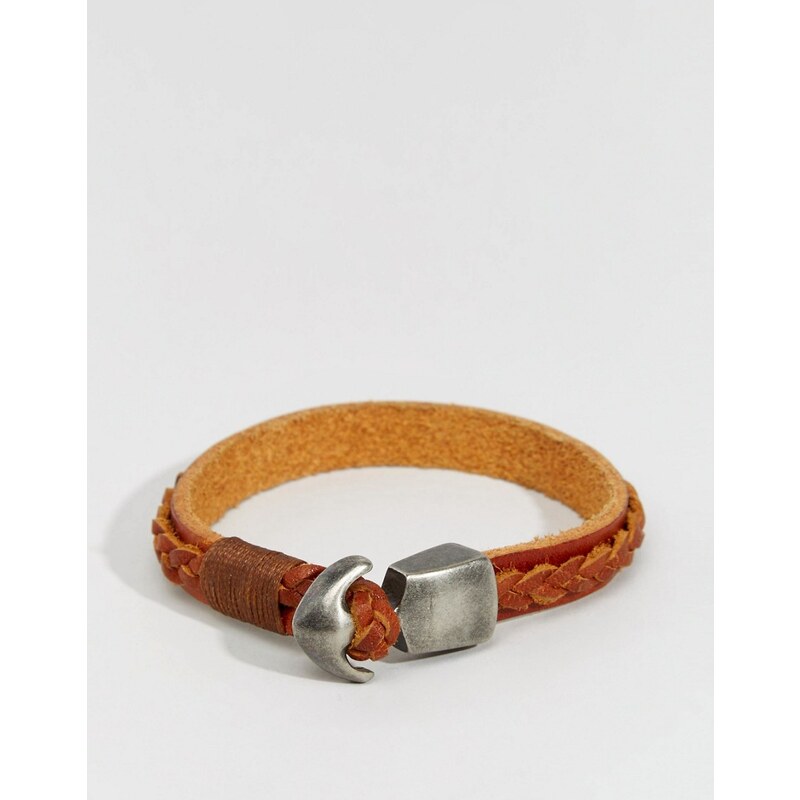 Jack & Jones - Bracelet en cuir avec détail tressé - Marron