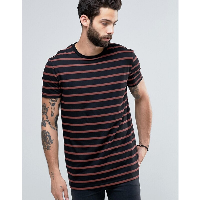 ASOS - T-shirt long à rayures - Noir délavé/marron - Marron