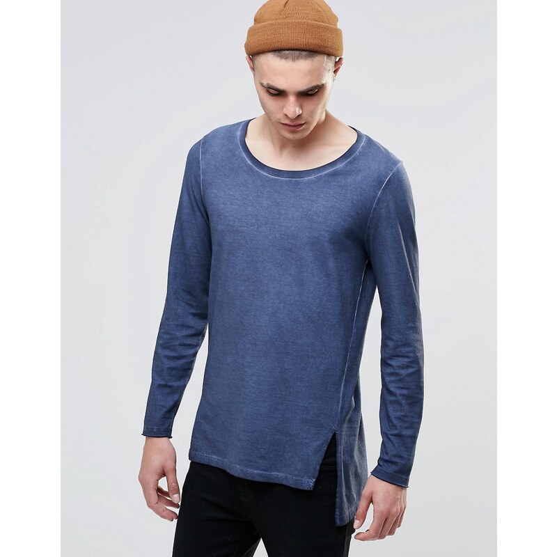 ASOS - T-shirt long à manches longues avec ourlet effet usé - Bleu marine