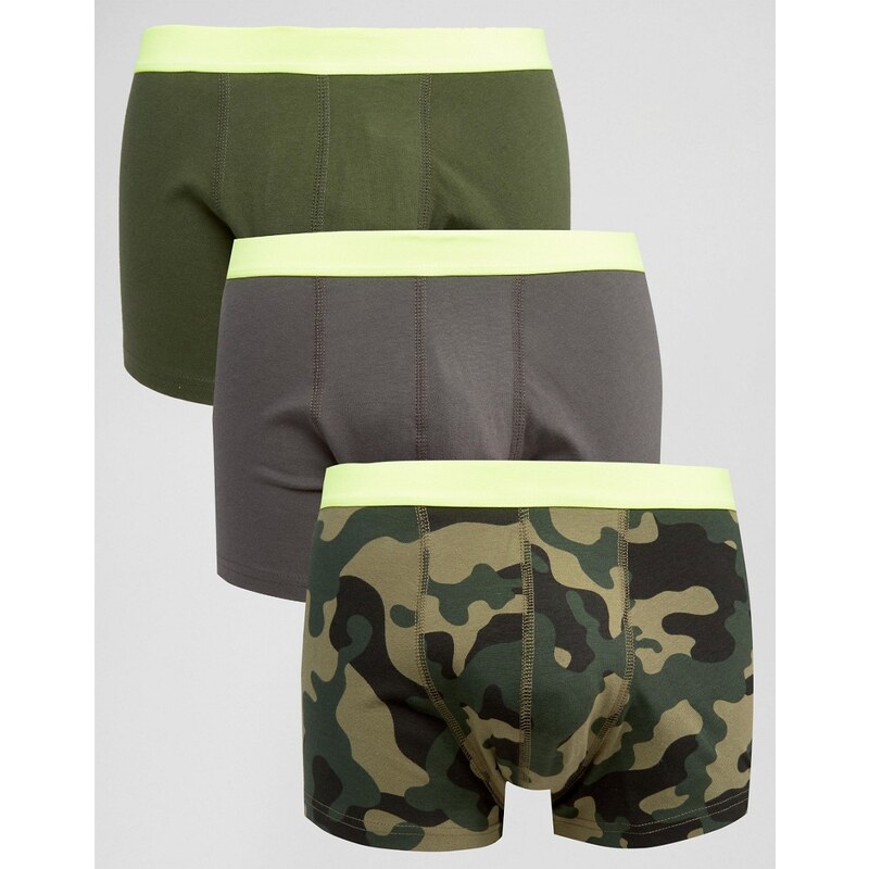 ASOS - Lot de 3 boxers imprimé camouflage et taille fluo - Vert