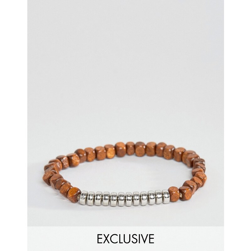 Reclaimed Vintage - Bracelet à perles en bois et argentées - Marron