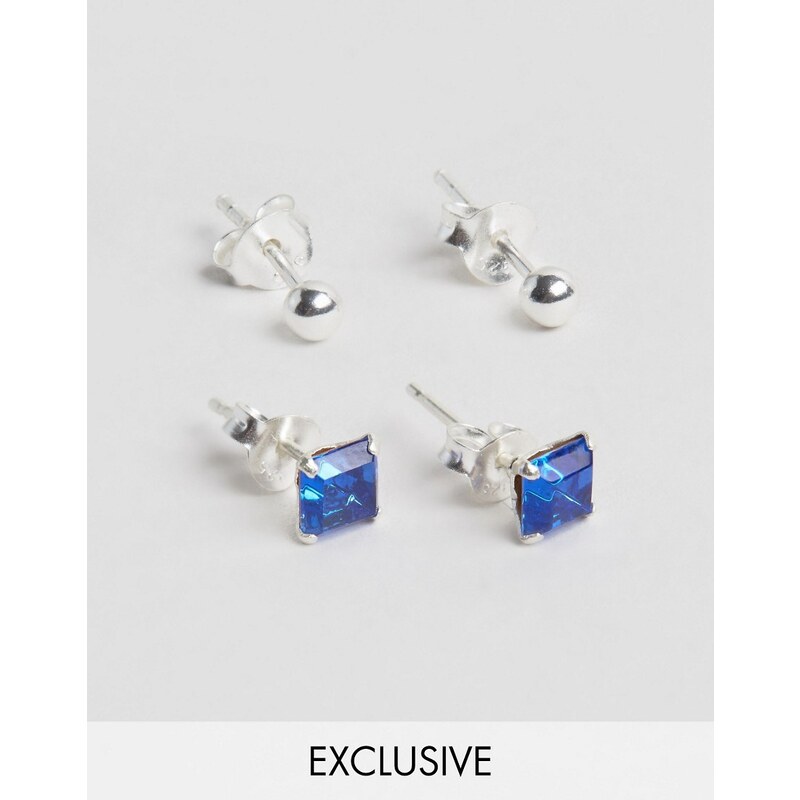 Reclaimed Vintage - Lot de 2 boucles d'oreilles en argent massif avec pierre - Argenté et bleu - Argenté