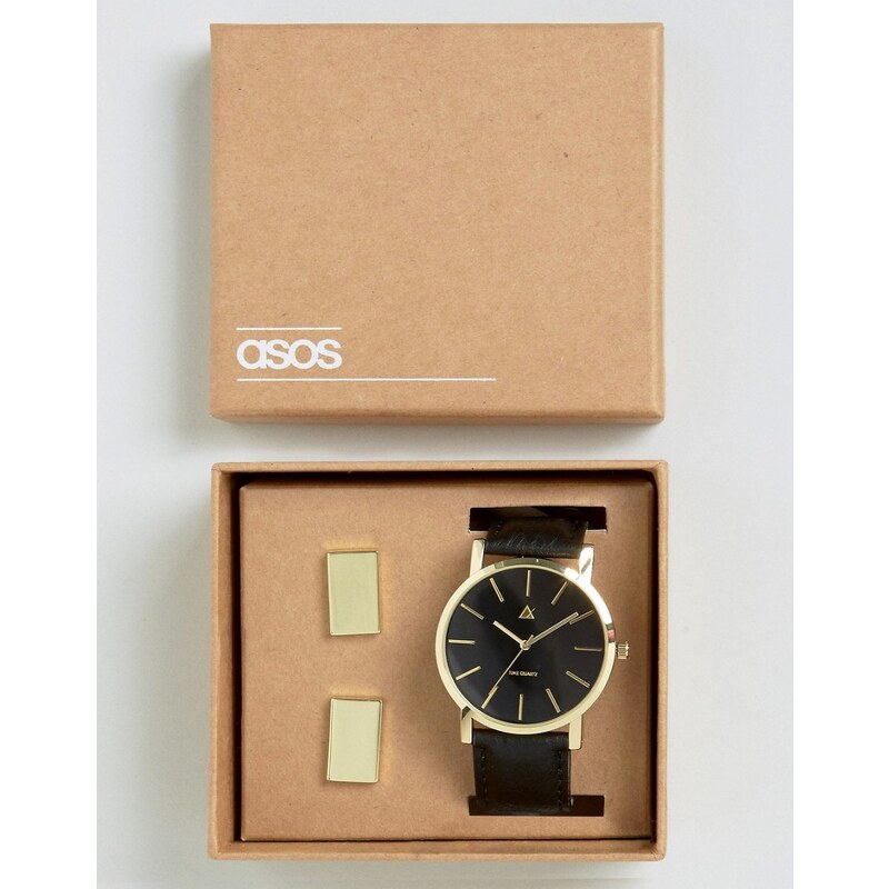 ASOS - Coffret montre et boutons de manchettes - Noir et doré - Noir