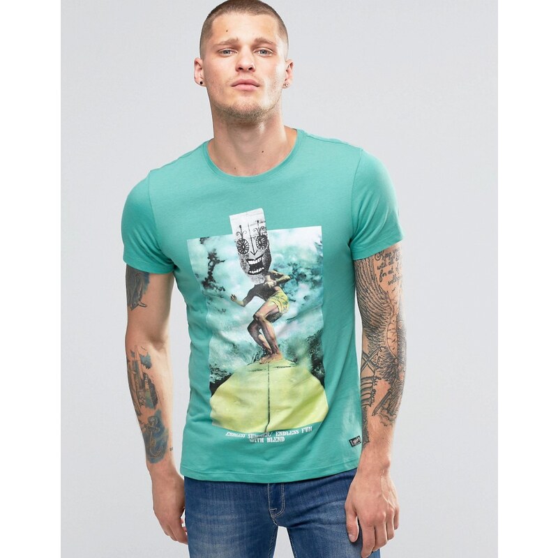 Blend - T-shirt ajusté à imprimé surfeur et motif aztèque - Vert