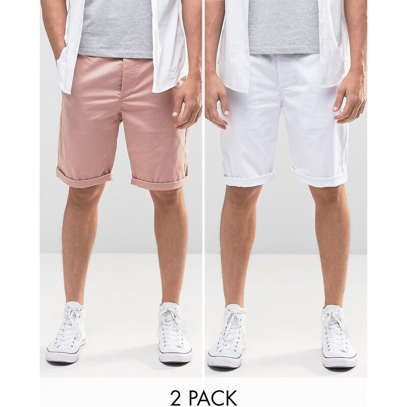 ASOS - Lot de 2 shorts chino longs coupe slim - Rose et blanc - ÉCONOMIE - Multi