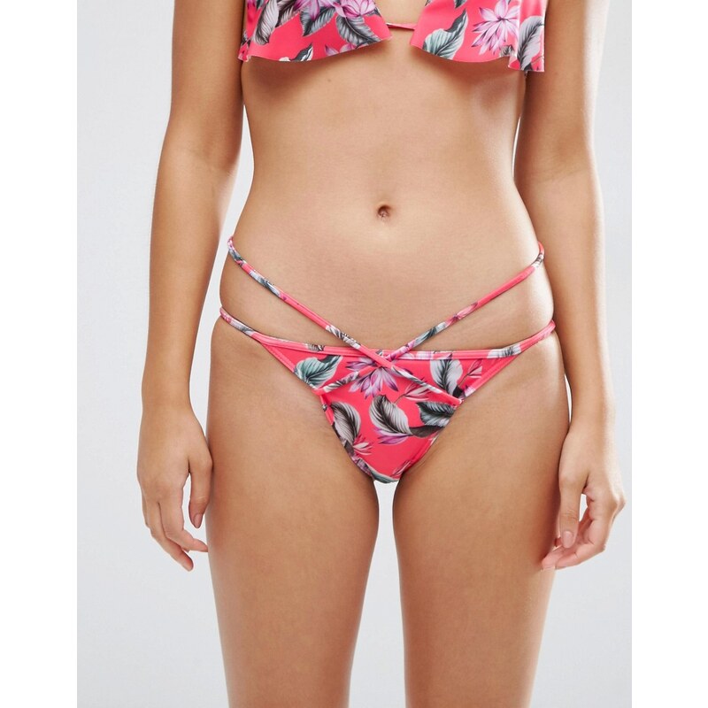 ASOS - Bas de bikini tanga à imprimé hawaïen et lanières doubles - Rouge