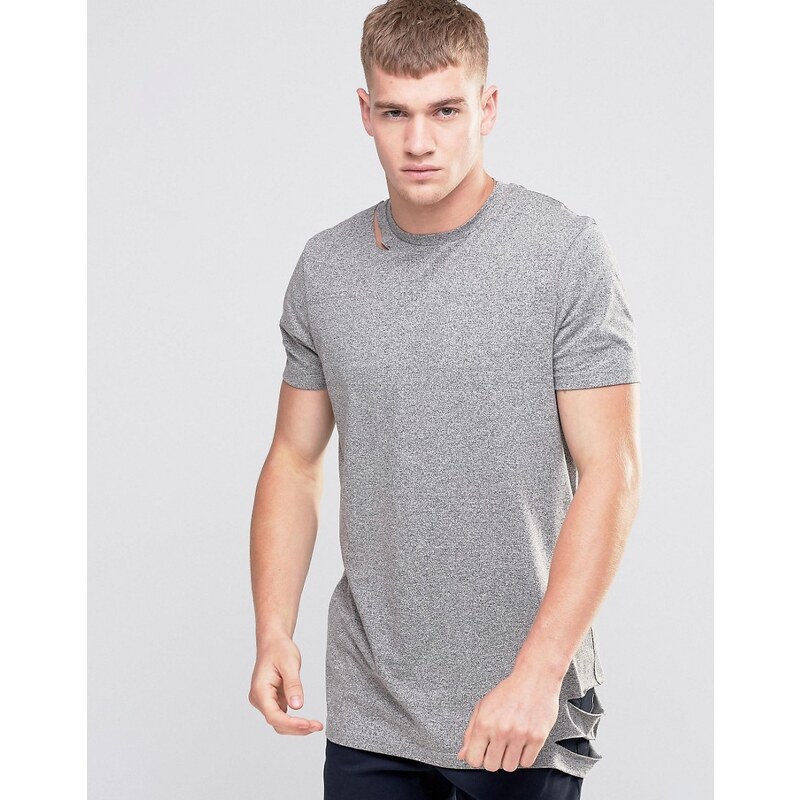 ASOS - T-shirt long avec ourlet déchiré et encolure lacérée - Gris