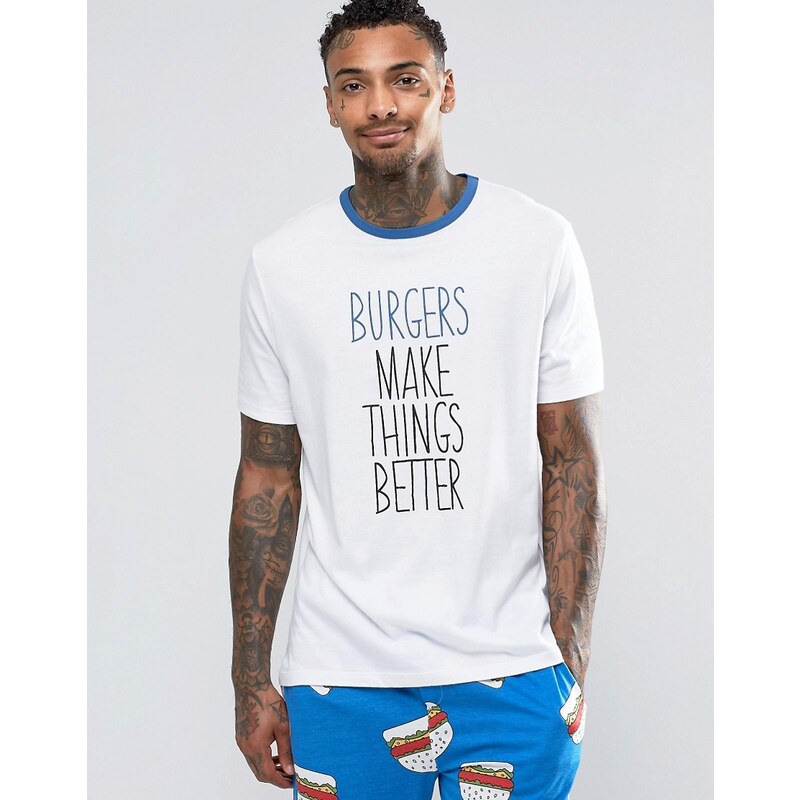 ASOS Loungewear - T-shirt à imprimé hamburger - Blanc