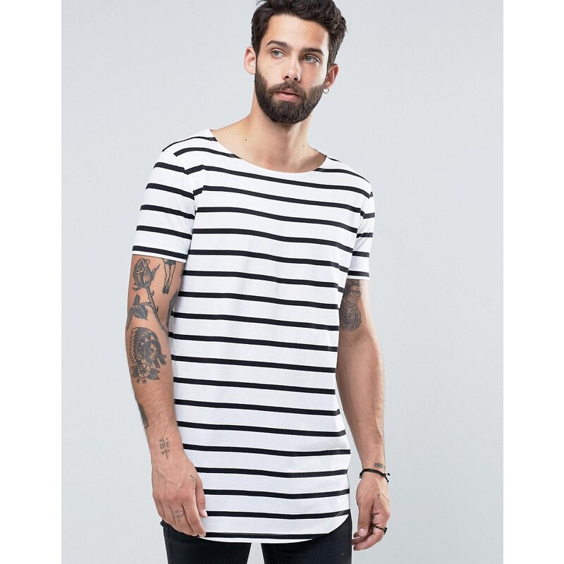ASOS - T-shirt rayé super long avec ourlet arrondi et encolure bateau - Blanc