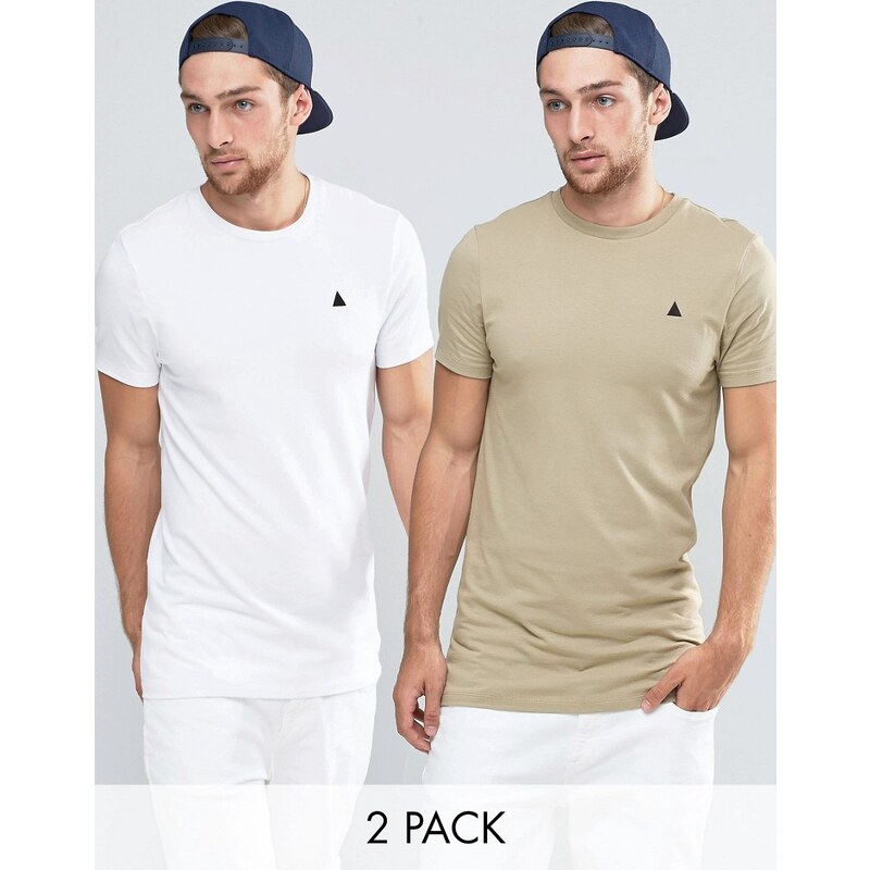 ASOS - Lot de 2 t-shirts moulants longs griffés - - Blanc/beige - Multi
