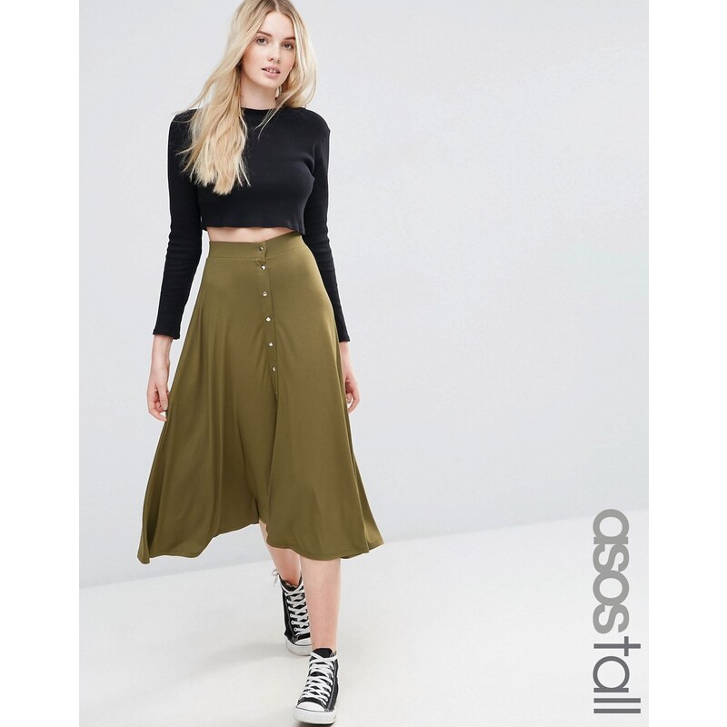 ASOS TALL Midi Skater Skirt with Poppers - Vert
