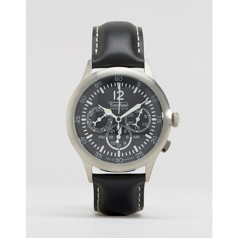 Techne Merlin - Montre chronographe à bracelet en cuir - Noir - Noir