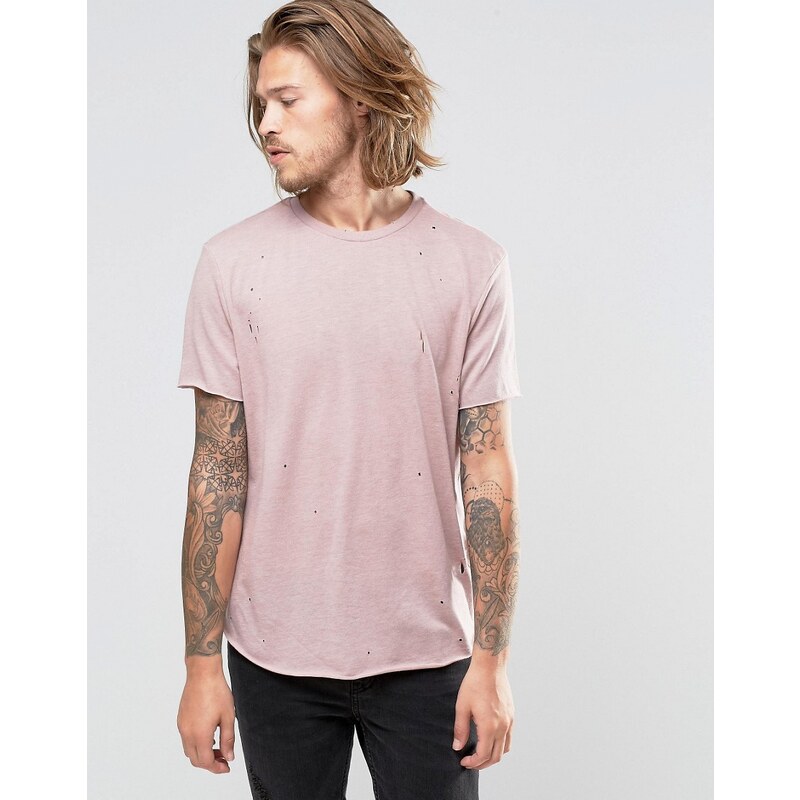 ASOS - T-shirt long avec bordures brutes et effet usé - Rose - Rose