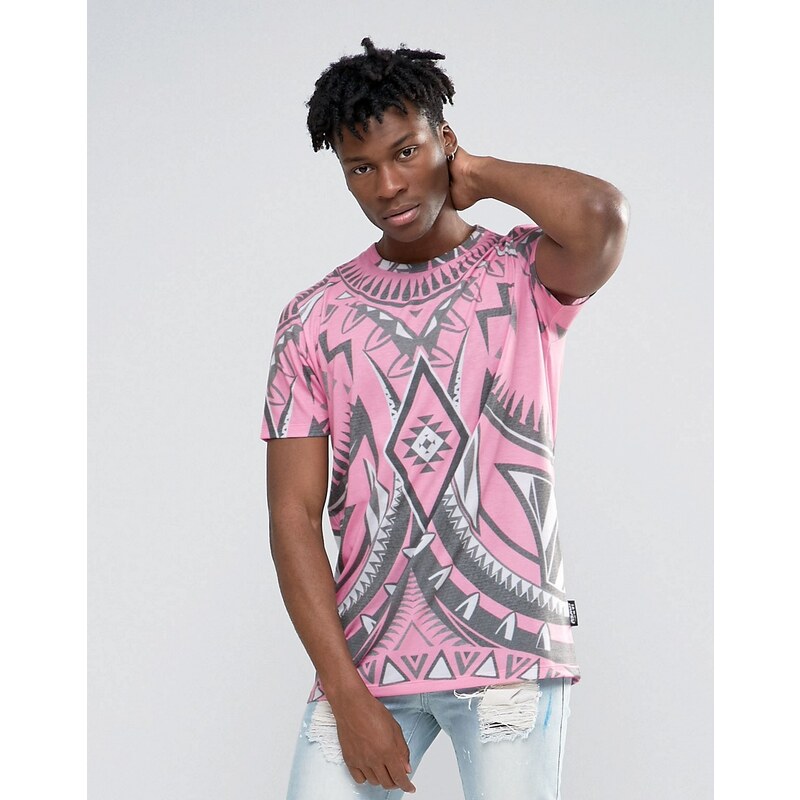 Jaded London - T-shirt long avec imprimé kaléidoscope sur l'ensemble - Rose
