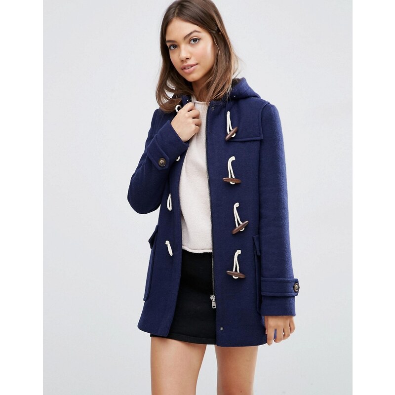 ASOS - Duffle-coat en laine mélangée avec doublure à carreaux et capuche - Bleu marine