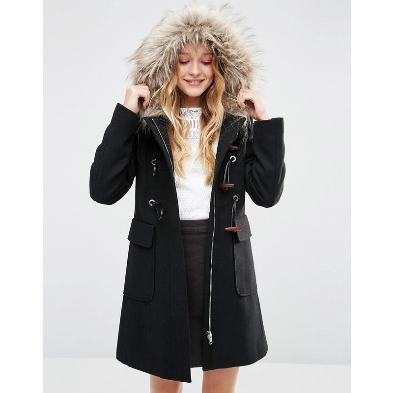 ASOS - Duffle-coat en laine mélangée avec capuche en fausse fourrure - Noir