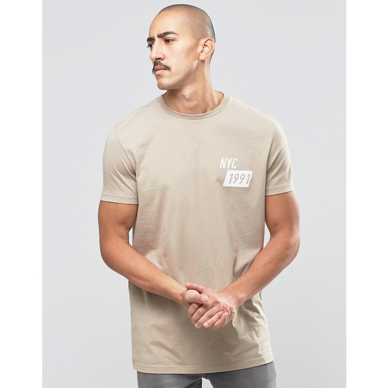 ASOS - T-shirt long avec texte imprimé - Beige - Beige