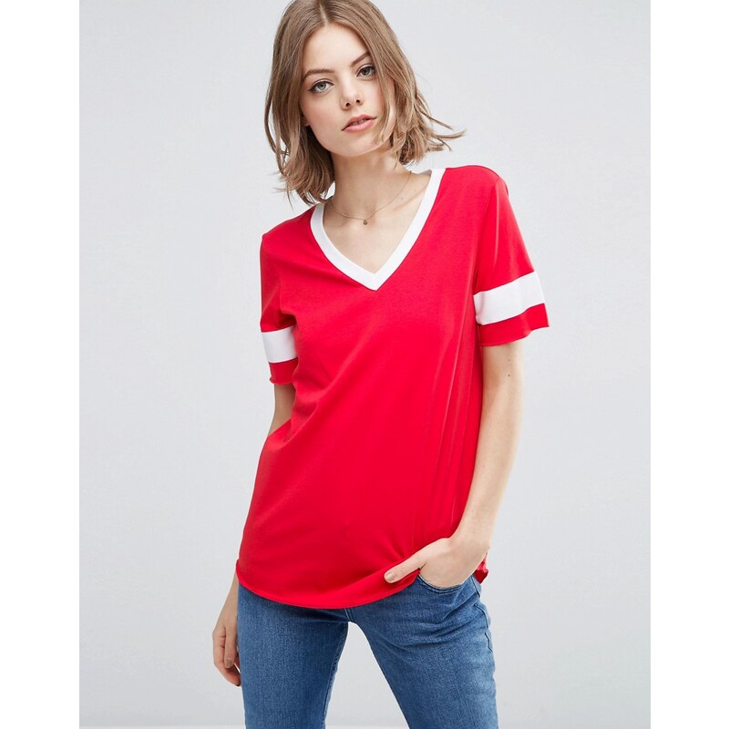 ASOS - T-shirt long à col V et rayures contrastantes - Rouge