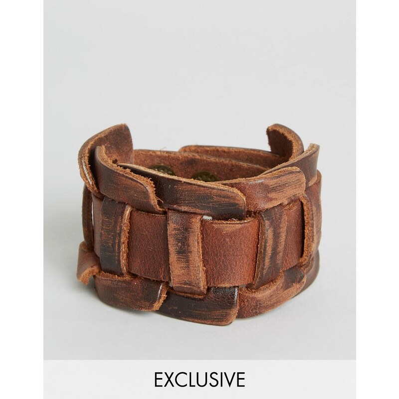 Reclaimed Vintage - Bracelet manchette tissé en cuir - Marron
