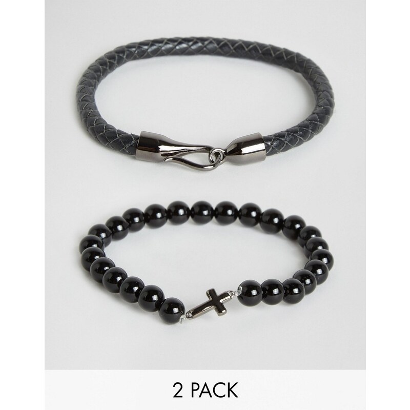 Simon Carter - Lot de 2 bracelets cuir et perles avec croix et onyx - Exclusivité ASOS - Noir