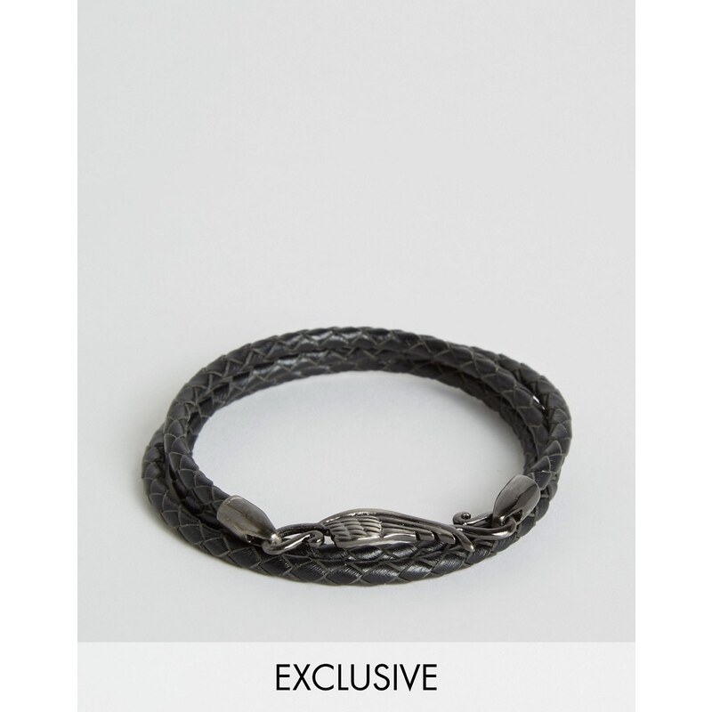 Simon Carter - Bracelet en cuir tressé motif aile exclusivité ASOS - Noir