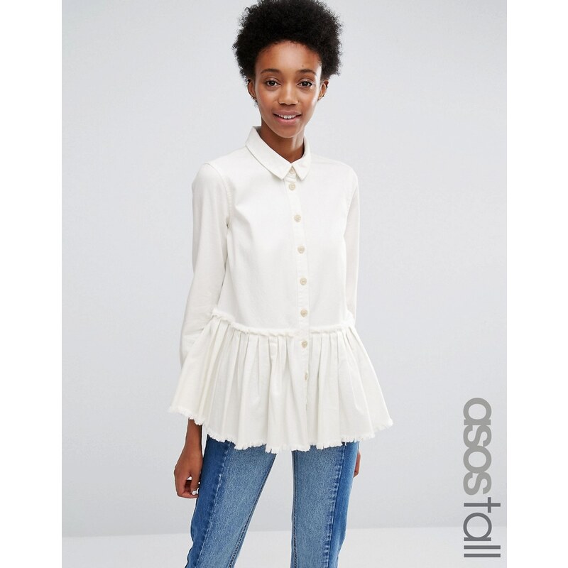 ASOS TALL - Chemise plissée en jean coupe taille basse avec ourlet brut - Blanc - Blanc