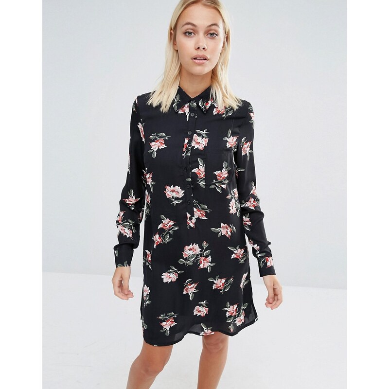 Fashion Union - Robe chemise à imprimé floral avec liens sur l'encolure - Noir