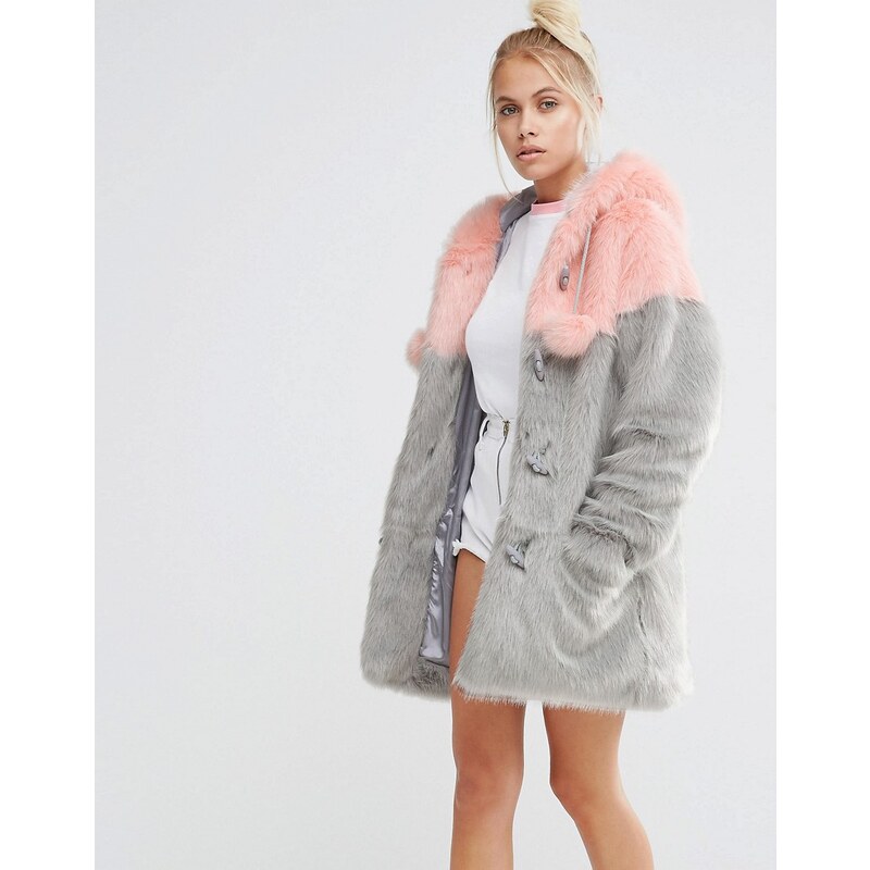 Lazy Oaf - Duffle-coat en fausse fourrure avec empiècements pastel et pompons - Multi
