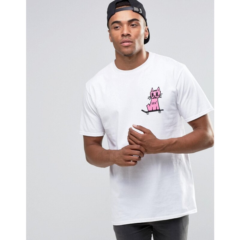 New Love Club - T-shirt avec imprimé chat sur un skate - Blanc