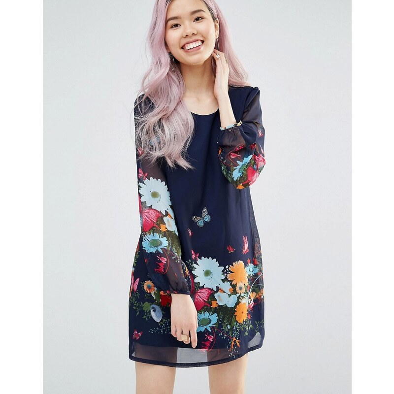Yumi - Robe droite à manches longues avec imprimé à fleurs et papillons - Bleu marine