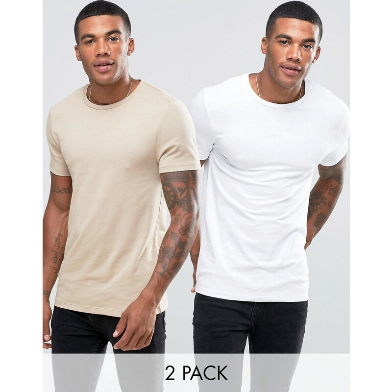 ASOS - Lot de 2 t-shirts moulants ras de cou - Blanc/beige - Multi