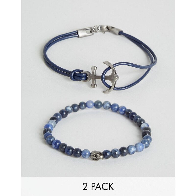 Simon Carter - Lot de 2 bracelets en cuir et en perles - Exclusivité ASOS - Bleu
