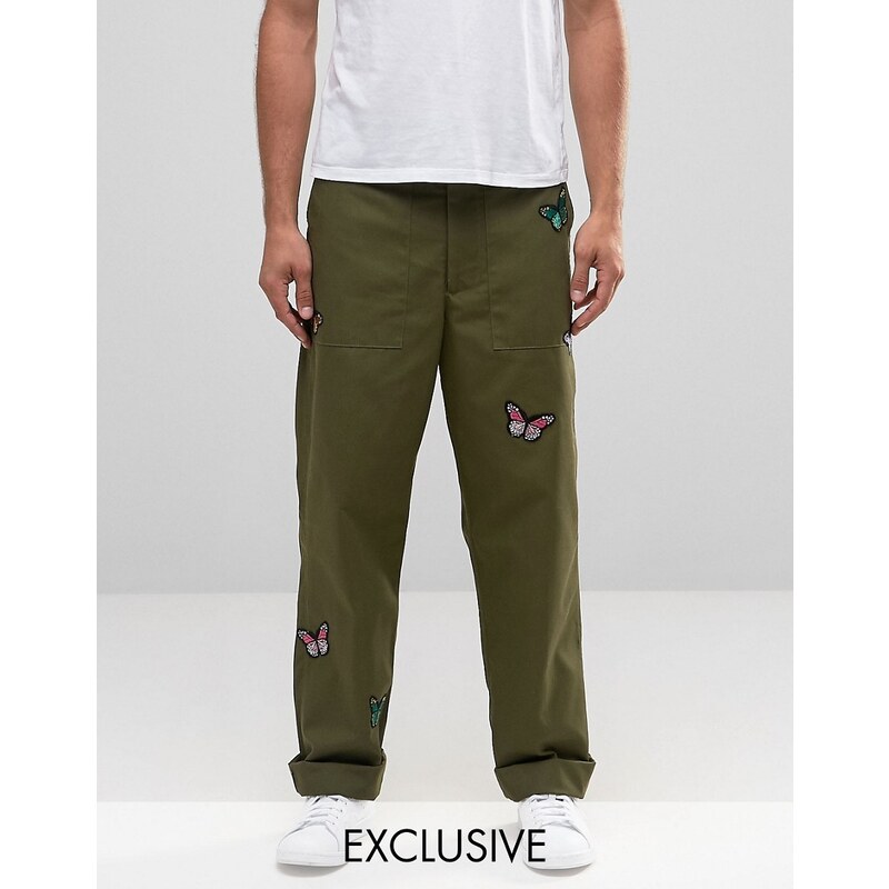 Reclaimed Vintage - Pantalon style militaire avec empiècements en forme de papillons - Vert