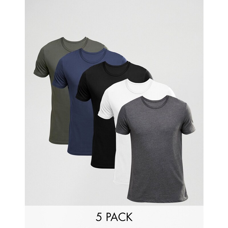 ASOS - Lot de 5 t-shirts - Blanc/noir/gris anthracite/vert/bleu marine - Multi