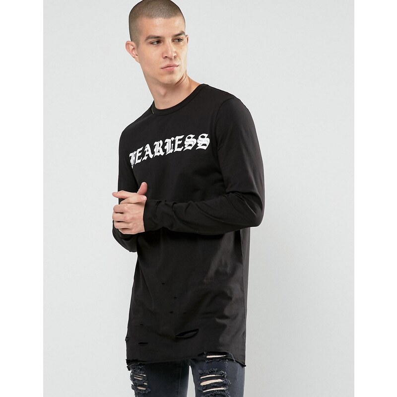 ASOS - Fearless - T-shirt manches longues coupe longue à ourlet effet vieilli et inscription imprimée - Noir