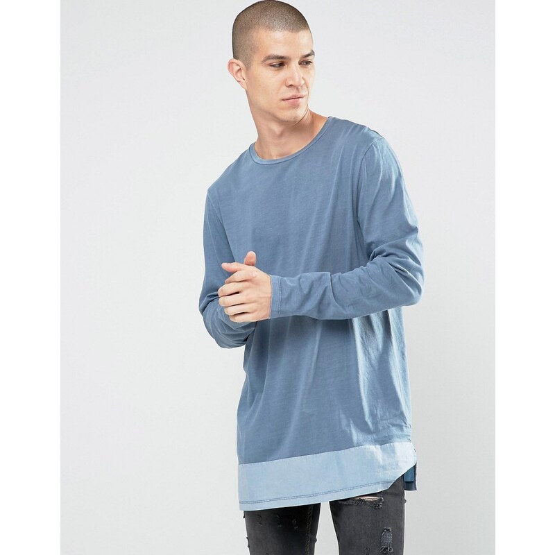 ASOS - T-shirt à manches longues avec empiècement tissé sur l'ourlet - Bleu