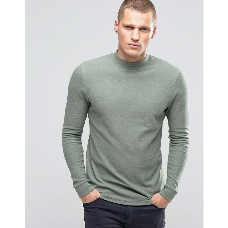 ASOS - T-shirt long moulant à manches longues avec effet gaufré et col roulé - Vert - Vert