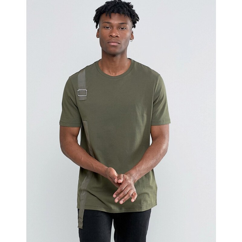 ASOS - T-shirt long à ourlet arrondi au dos avec bande dépassante et boucle en D - Vert