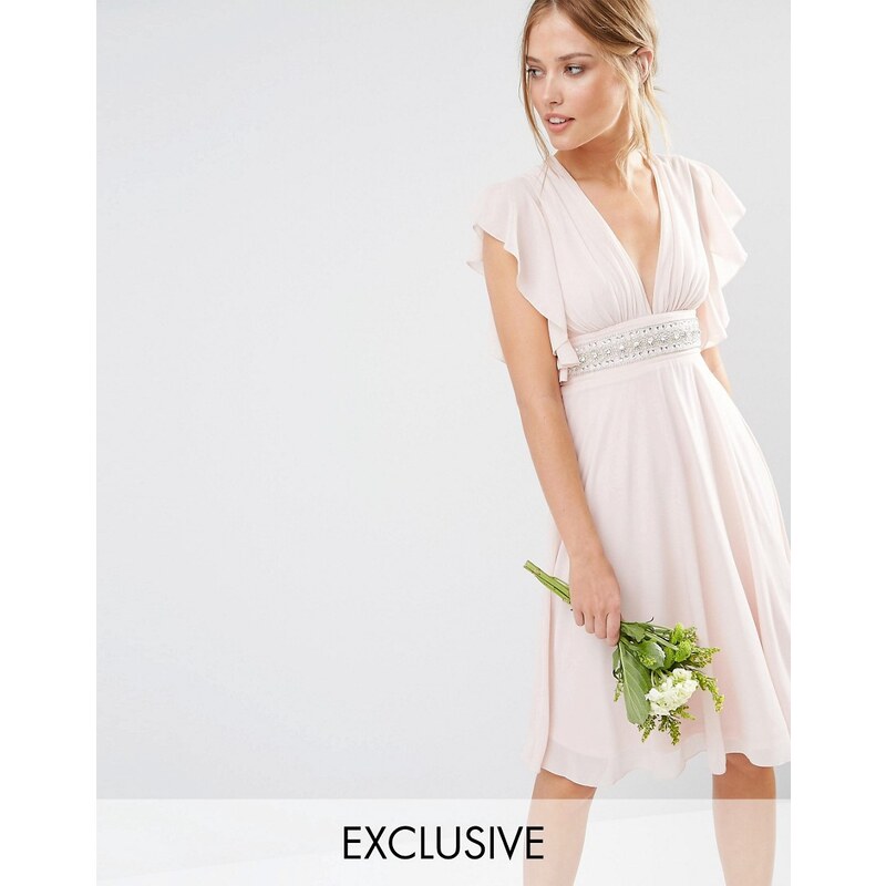 TFNC WEDDING - Robe mi-longue à manches évasées et taille ornementée - Rose