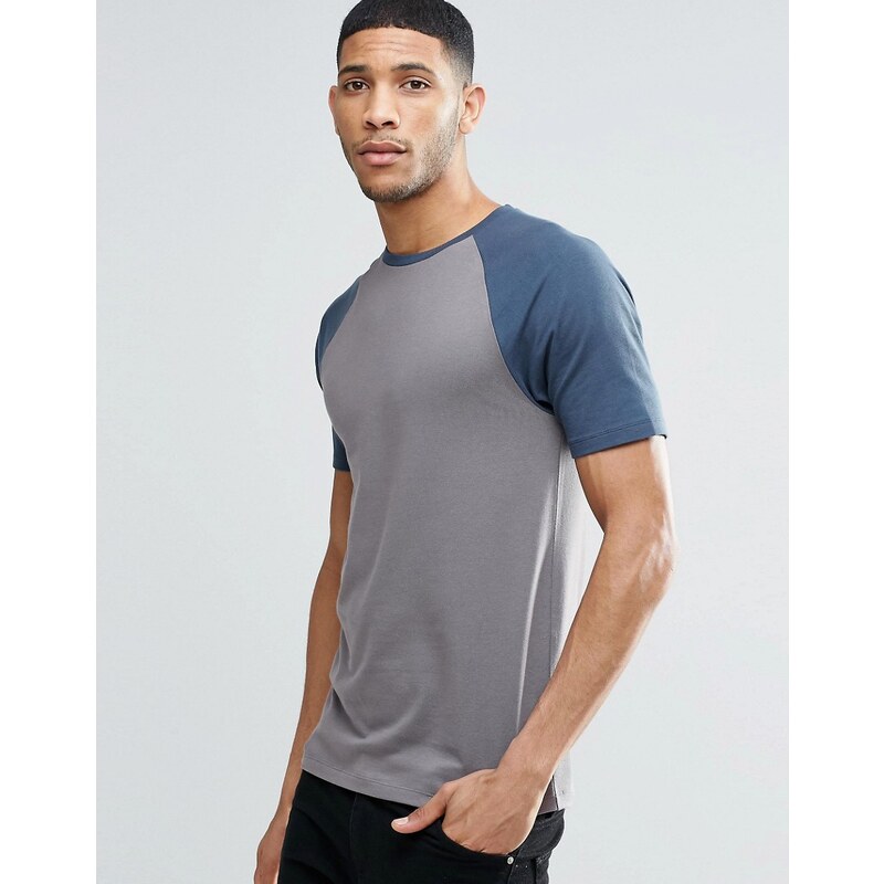ASOS - T-shirt moulant à manches raglan contrastantes - Gris/bleu - Gris