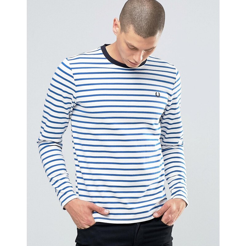 Fred Perry - T-shirt à rayures style marin, manches longues - Bleu moyen - Bleu