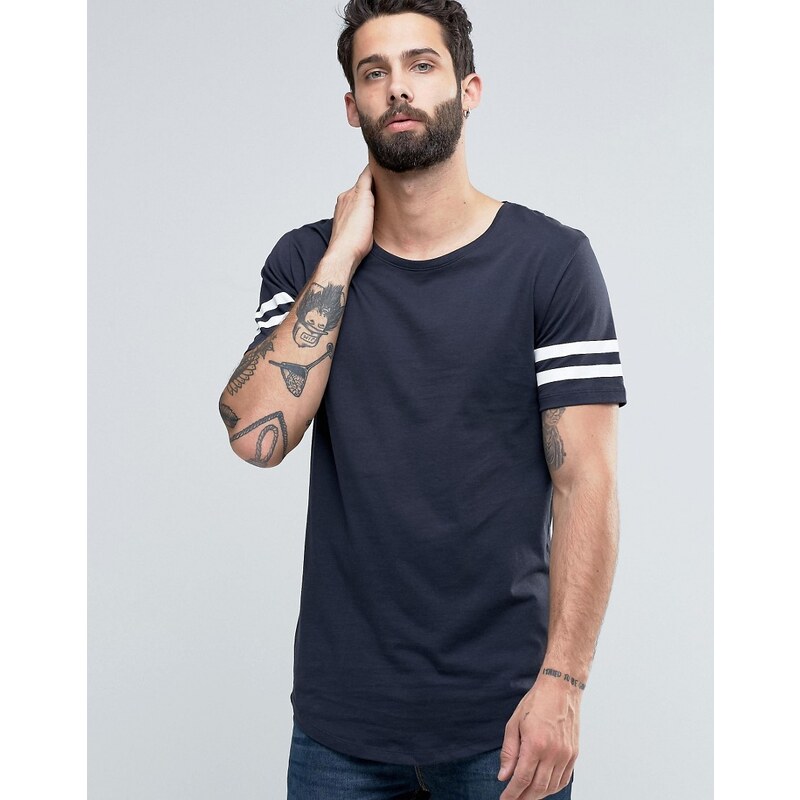 Only & Sons - T-shirt long à manches rayées et ourlet arrondi - Bleu marine