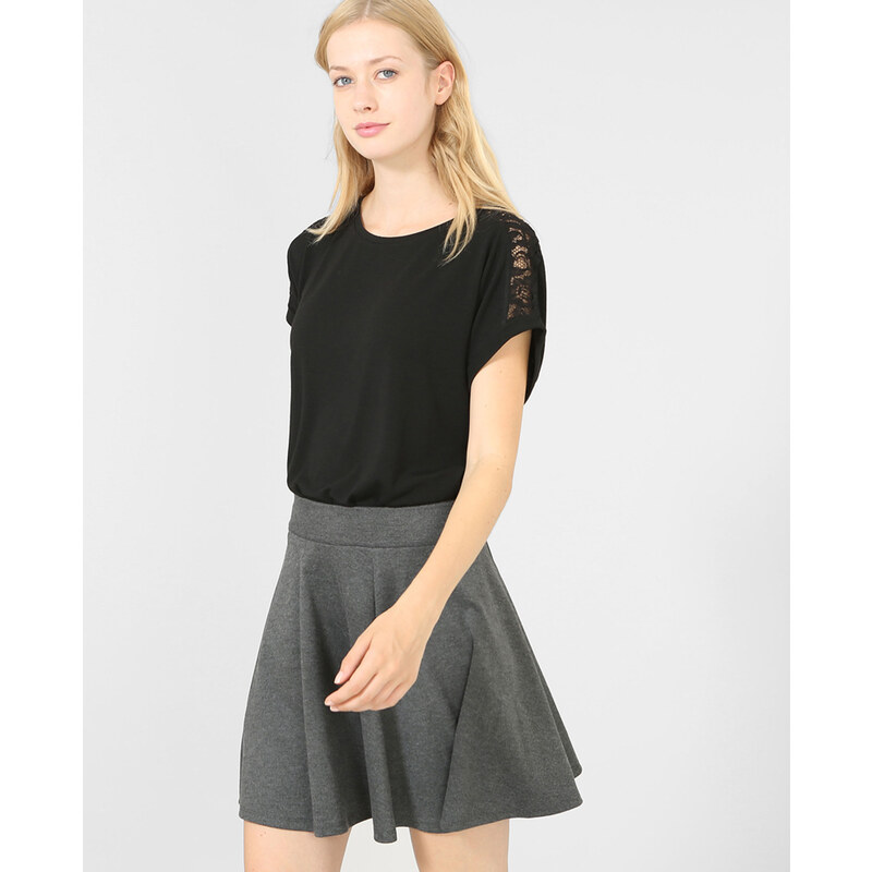 T-shirt bimatière dentelle noir, Femme, Taille S -PIMKIE- MODE FEMME