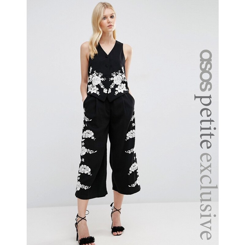 ASOS PETITE - Jupe-culotte large coordonnée de luxe à jolies fleurs brodées - Noir