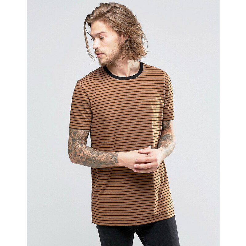ASOS - T-shirt long à rayures - Marron/noir - Marron