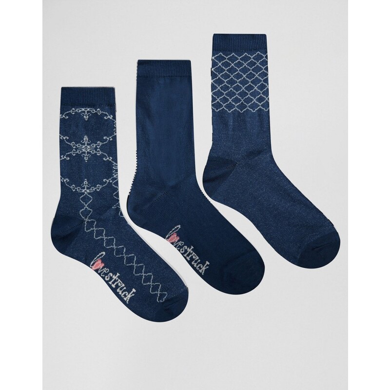 Lovestruck - Lot de 3 paires de chaussettes avec motif en dentelle - Bleu
