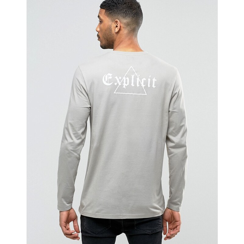 ASOS - T-shirt long à manches longues avec imprimé « Explicit » dans le dos - Gris