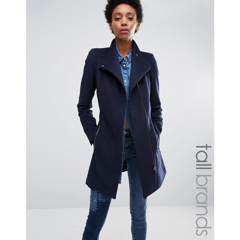 Vero Moda Tall - Manteau en laine avec col cheminée et ceinture - Bleu marine