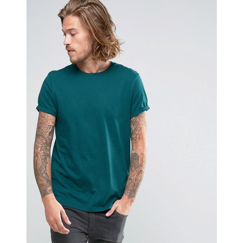 ASOS - T-shirt à manches retroussées - Vert - Vert